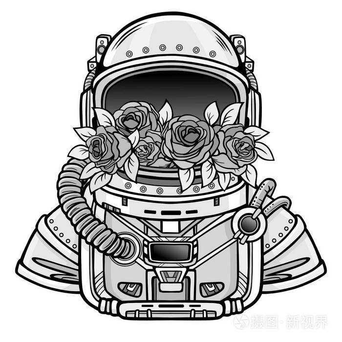 宇航员的太空头盔里装满了鲜花玫瑰. 单色绘图.