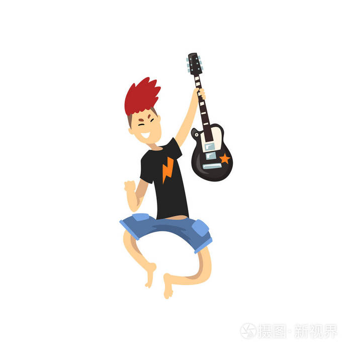 摇滚乐队的年轻吉他手跳跃动作.