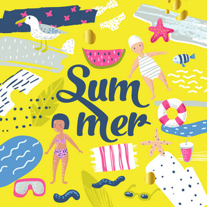 幼稚的夏日海滩度假设计与孩子, 鱼和鸟。可爱的背景装饰, 封面。矢量插图