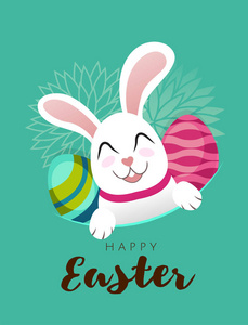矢量贺卡横幅与白色复活节兔子和彩色鸡蛋。滑稽的兔子与复活节蛋在平的样式。复活节兔子。寻蛋。快乐的复活节刻字卡可爱的字符为儿童