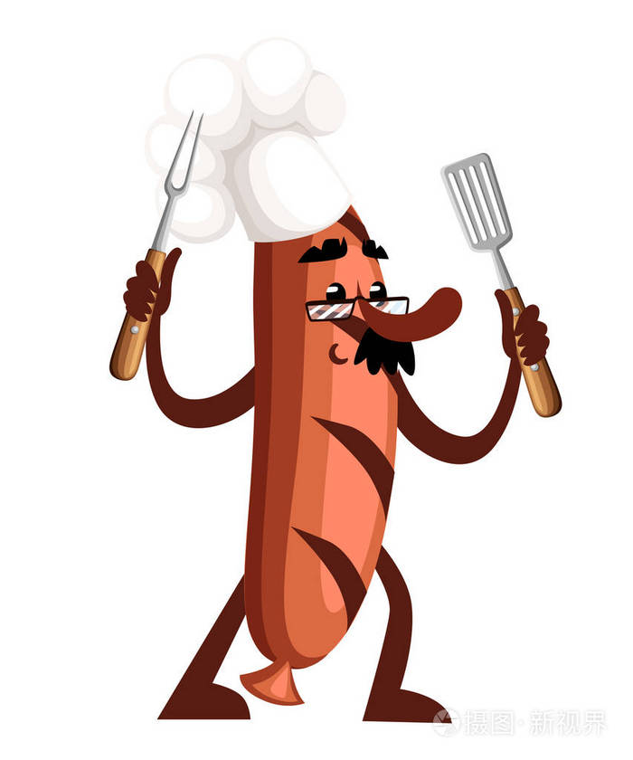 烧烤香肠字符设计香肠吉祥物持有烧烤工具厨师的概念在白色背景上隔离