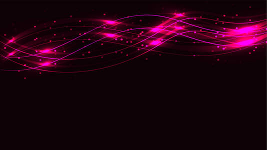 粉色透明抽象闪亮神奇的宇宙神奇能量线，带有高光和点的射线和光从上面的黑暗背景上被波浪照射。矢量图。