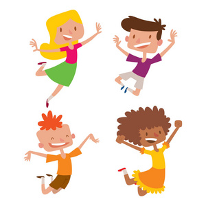 快乐的孩子在不同的位置大矢量跳跃欢快的儿童组和滑稽卡通孩子快乐的团队笑小人物