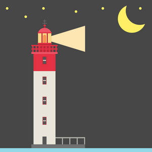 灯塔夜景矢量背景平探照灯塔航海指南海洋灯塔灯安全安全标志说明
