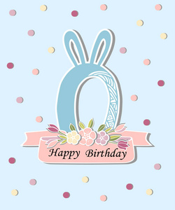 矢量插图，数字零兔子耳朵和花圈。 婴儿生日聚会邀请贺卡模板。 可爱的数字零作为标志补丁贴纸。 矢量图。