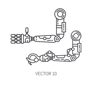 仿生机器人手臂假肢线图标集。仿生假肢肢体。生物技术未来医学。未来的技术。医用人工机械机器人植入符号和符号。移植