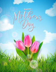 快乐的母亲节贺卡上有郁金香花, 绿草和云在春天的风景背景下。矢量庆典插图模板与版式设计横幅, 传单, 邀请