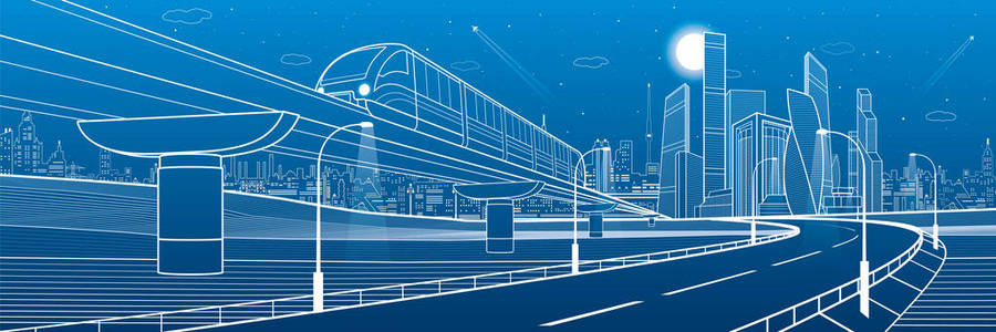 单轨铁路和照明公路。 交通城市插图。 天际线现代城市的背景。 商业大厦。 夜城。 蓝色背景上的白色线条。 矢量设计艺术