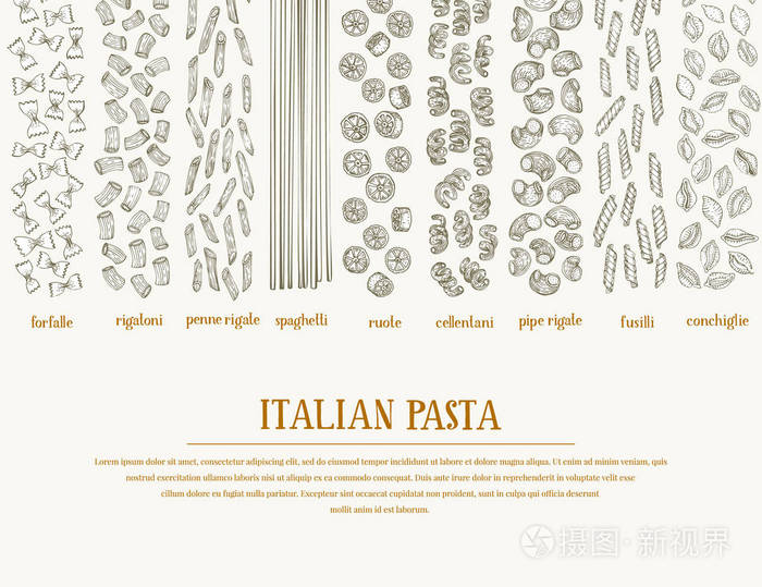矢量横幅与不同类型的传统意大利面食。手绘背景。可用于菜单或包装设计。意大利菜插画