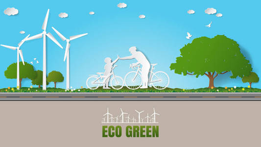 纸折叠艺术折纸风格矢量插图。 绿色可再生能源生态技术节能环保理念。 父亲和儿子在公园骑自行车时携起手来。