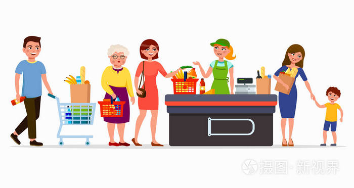 商场里的男人和女人.家庭在商店与篮子和卡通袋矢量平插图