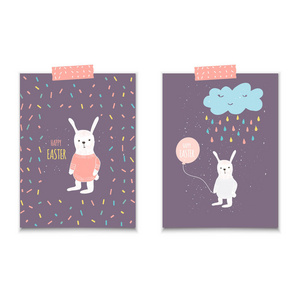 复活节横幅背景，模板与可爱的班尼，兔子和文字，手绘插图。现代明信片或霍利迪的邀请函。