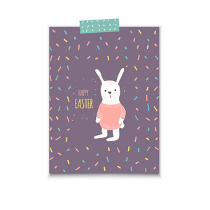 复活节横幅背景，模板与可爱的班尼，兔子和文字，手绘插图。现代明信片或霍利迪的邀请函。