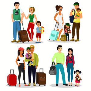 矢量插图集快乐的人与孩子一起旅行。一家人一起旅行。父亲母亲和儿童在机场的行李在一个平面卡通风格