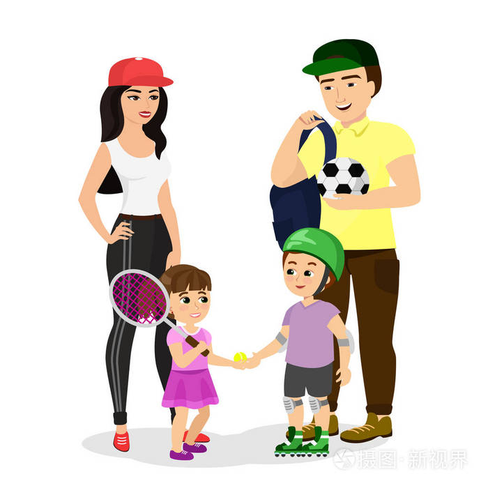 体育家庭的向量例证.爸爸,妈妈,儿子和女儿穿着运动服过着健康的生活.