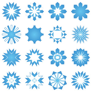 星星矢量图标背景设置蓝色。 冬季白色圣诞雪花水晶元素。 天气插图冰收集。 圣诞节霜平孤立的剪影符号