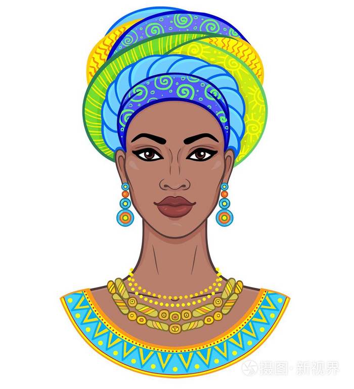 非洲美女. 戴头巾的年轻黑人妇女的动画肖像.