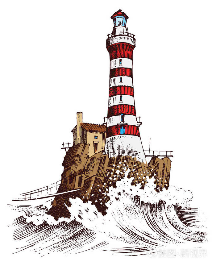 在海洋中照明.雕刻的葡萄酒, 手绘, 大西洋潮汐波.航海为船和游艇