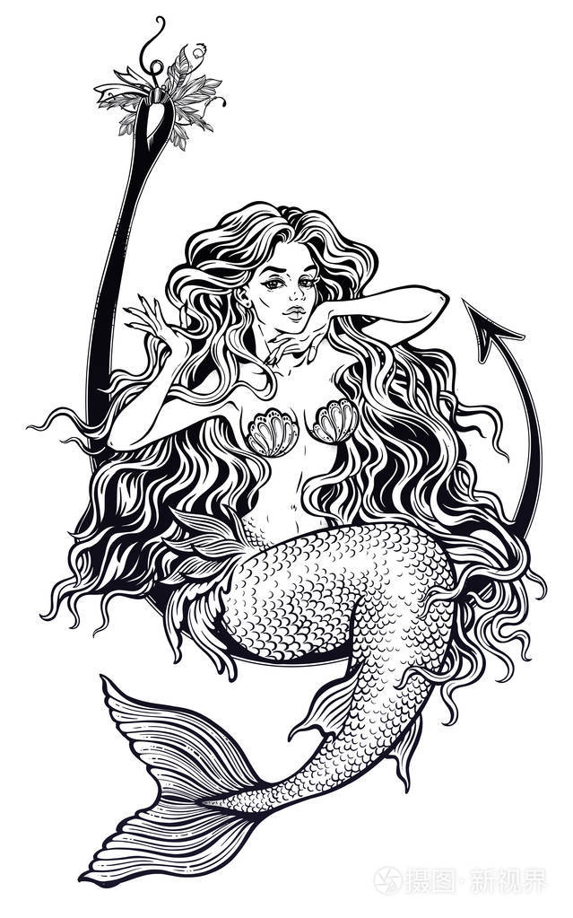 美人鱼女孩坐在钓鱼钩图稿