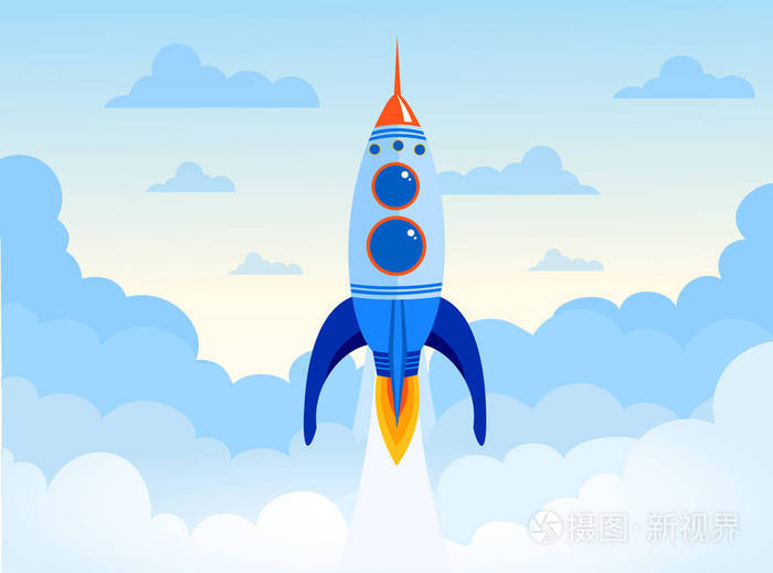 矢量插图概念的商业启动的空间火箭.空中火箭船在平面设计中的云