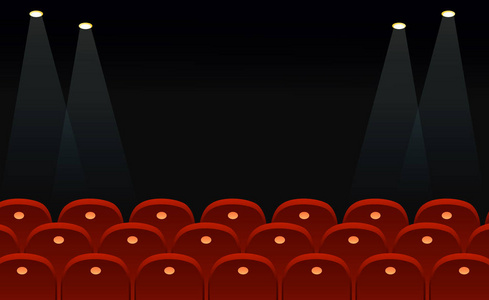 在黑白屏幕前的电影院座椅的矢量插图, 在平面样式中放置文本和灯光空间