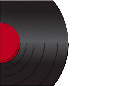 黑色充满活力的乙烯基音乐模拟复古古董古董老式留声机记录与一个红色中心的留声机在白色背景在左边。 矢量插图