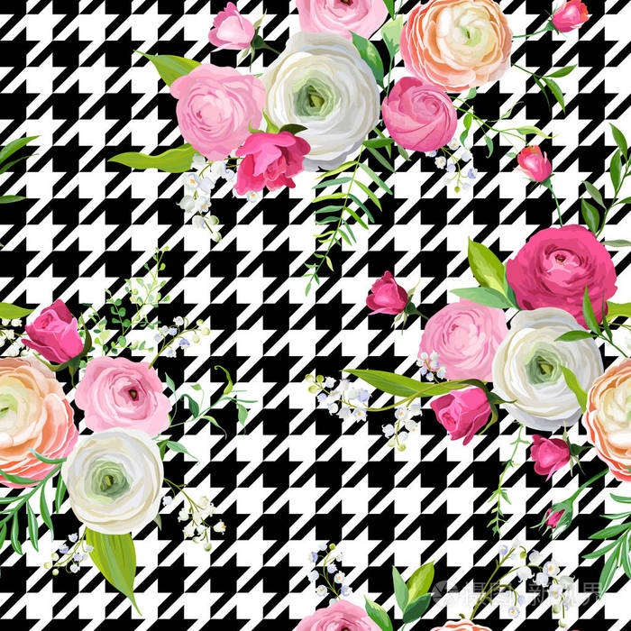 花的无缝图案与粉红色的花朵和一种赤莲装饰品 植物背景为织品纺织品 墙纸 包装纸并且装饰 矢量插图插画 正版商用图片11o311 摄图新视界