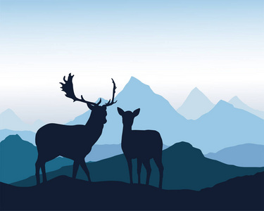 蓝天下高山景观中的鹿与后站