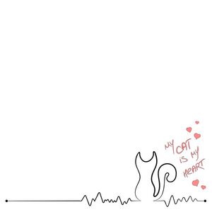 心电图的形式，一只猫的轮廓与铭文，我的猫是我的心。 矢量插图