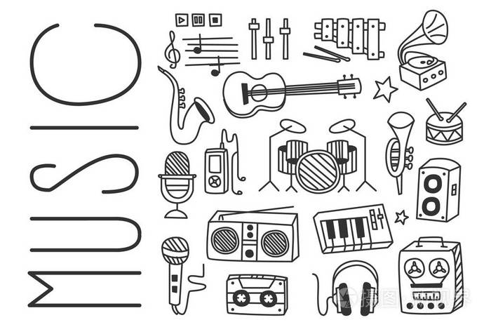 手绘矢量设计的各种乐器, 麦克风, 无线电接收机, 播放器, 录音机