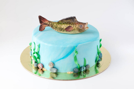 艺术蛋糕与鱼设计的形式,水下世界与藻类和鹅卵石.
