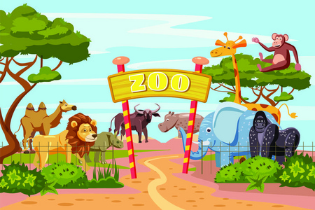 动物园入口门卡通海报与大象长颈鹿狮子狩猎动物和访客在疆土矢量例证