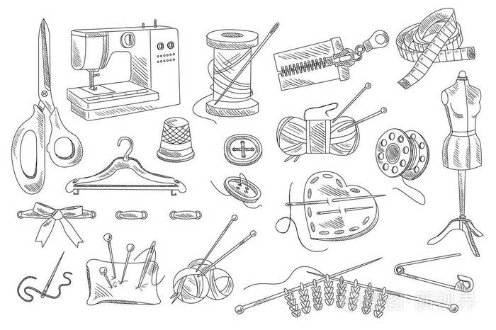 线, 缝纫机, 剪刀, 别针, 丝带, 带针的枕头, 衣架, 梭形, 厘米插画