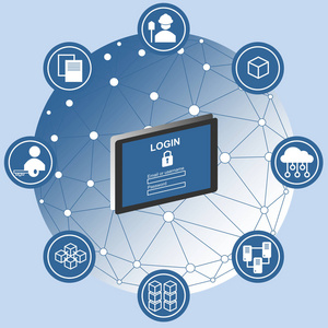 带有安全保护和网页图标的平板电脑. 受保护的计算机网络.