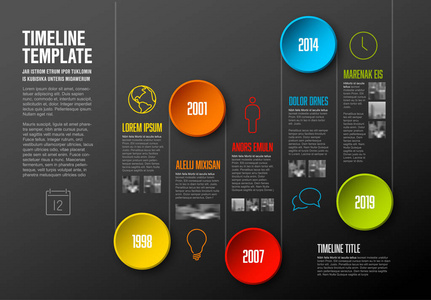 信息公司里程碑时间表模板与彩色圆圈和照片占位符暗版本。