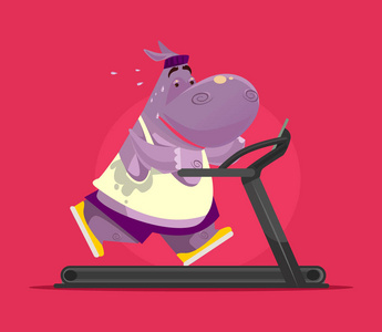 快乐的微笑动物河马性格做运动,在跑步机上跑步,试图减肥.