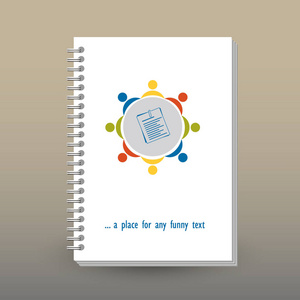 带环形螺旋粘结剂的日记本或笔记本的矢量封面. 格式 A5. 版式小册子概念. 带圆桌的彩色团队会议图标