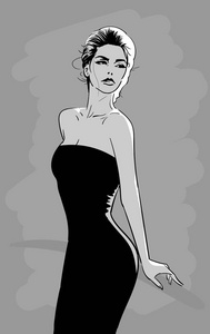 穿着黑色连衣裙的漂亮女人, 长相神秘。矢量.卡通风格