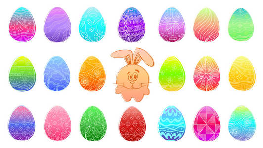 彩色复活节彩蛋被隔离在白色背景。手画复活节符号。可爱的卡通兔子在复活节彩蛋。草图样式的矢量插图