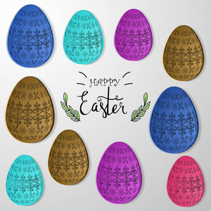 复活节彩蛋构图，手绘黑色铭文..复活节横幅背景模板与美丽的彩色鸡蛋。矢量图。