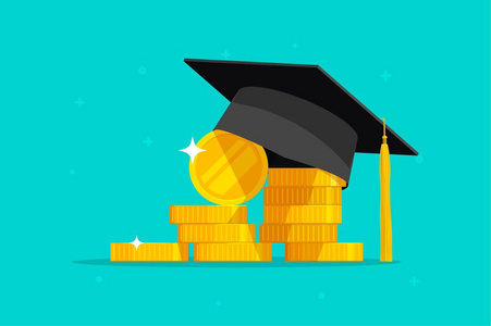 教育和货币矢量插图, 平面卡通毕业帽硬币现金, 奖学金成本或贷款的概念, 学费或学习费, 学生知识的价值, 学习成功