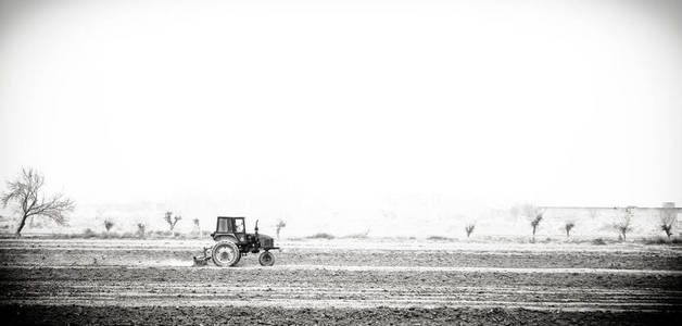 旧拖拉机在田间种植工作