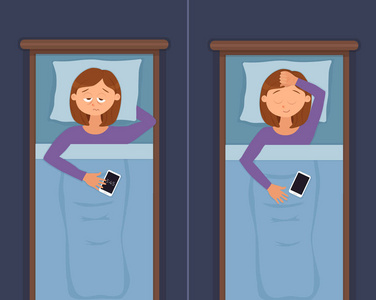 无眠女子面对卡通人物失眠症插画