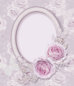 椭圆形相框。 花组成精致的粉红色玫瑰，白色的叶子，有佩斯利花边卷曲珍珠弯曲的元素。
