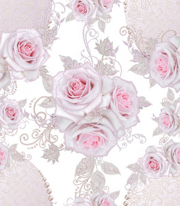 无缝图案。 装饰装饰，佩斯利元素，细腻的纹理银叶，由薄花边和珍珠线的珠芽，粉彩玫瑰。 开放式编织