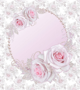 装饰装饰佩斯利元素，精致的纹理银叶，由精细的花边和珍珠制成。 珠芽粉彩玫瑰椭圆形珍珠框上镶有闪亮的卷发