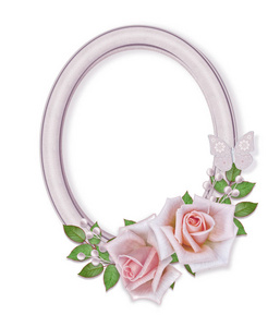 椭圆形相框。 花组成精致的粉红色玫瑰，白色的叶子，有佩斯利花边卷曲珍珠弯曲的元素。