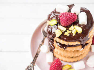 一个甜甜点的巧克力饼干覆盆子和棉花糖在一盏灯桌上