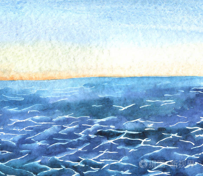 天空背景蓝色海水水彩画