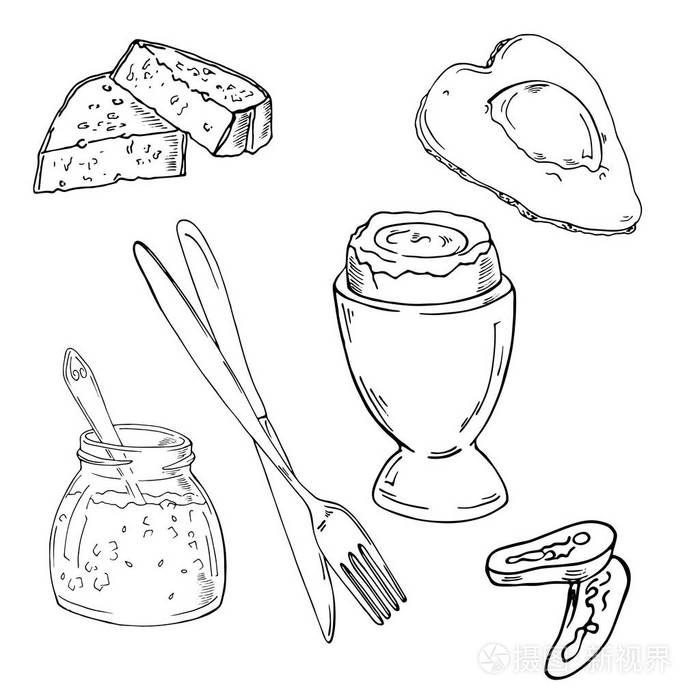 涂鸦早餐素描. 手绘矢量插图.